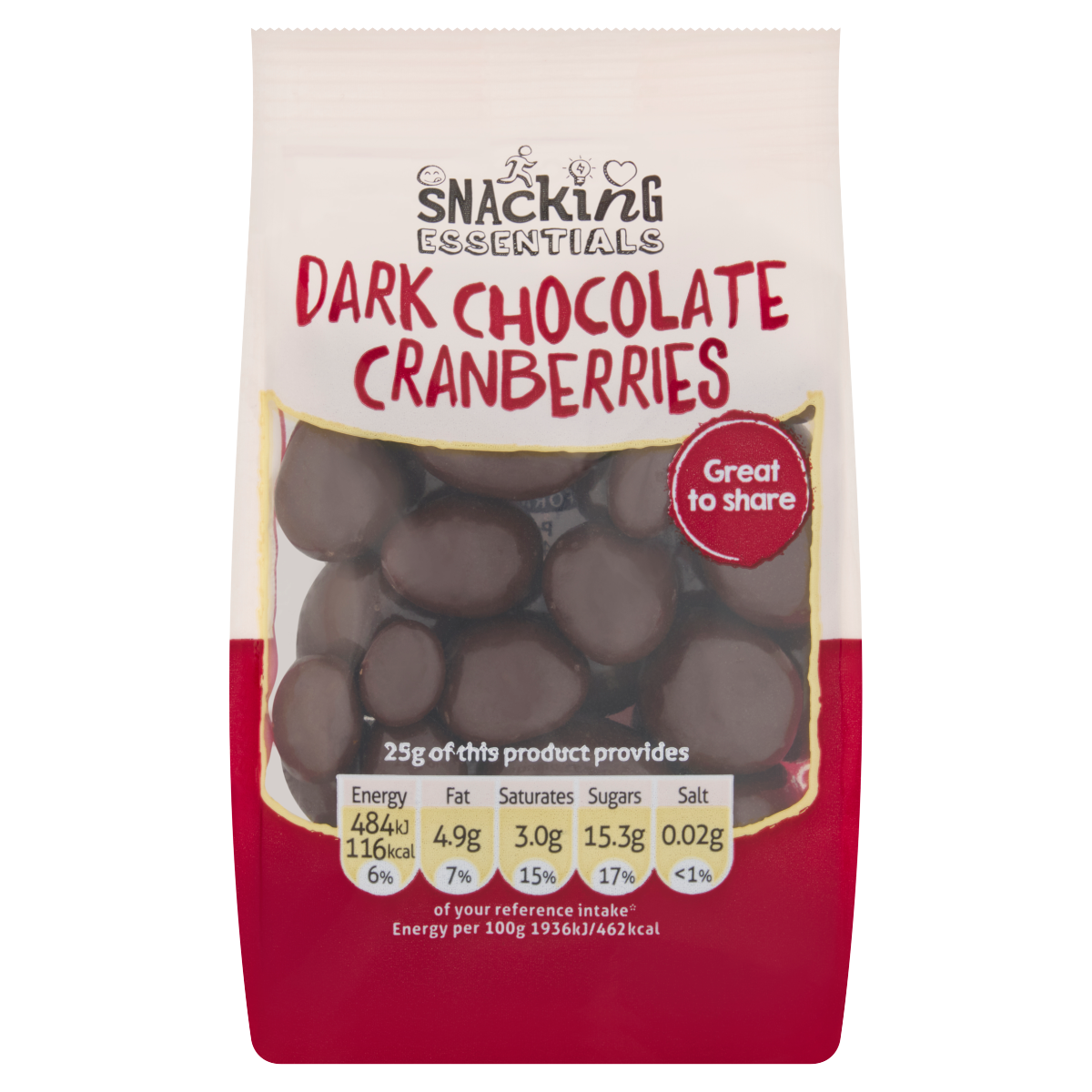 Snacking Essentials Dark Chocolate Cranberries 100g