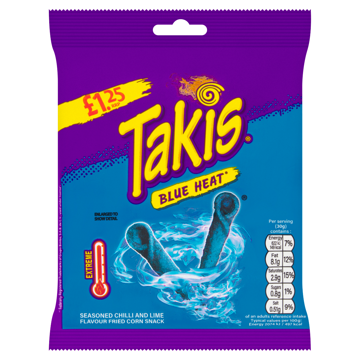Takis Blue Heat Seasoned Chilli and Lime Flavour Fried Corn Snack 55g