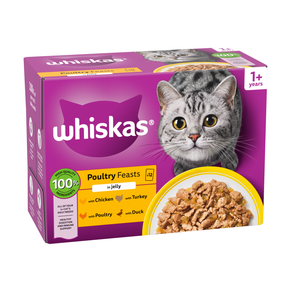 WHISKAS 1+ POULTRY Feasts Wet Cat Food Pouches in Jelly 12 x 85g