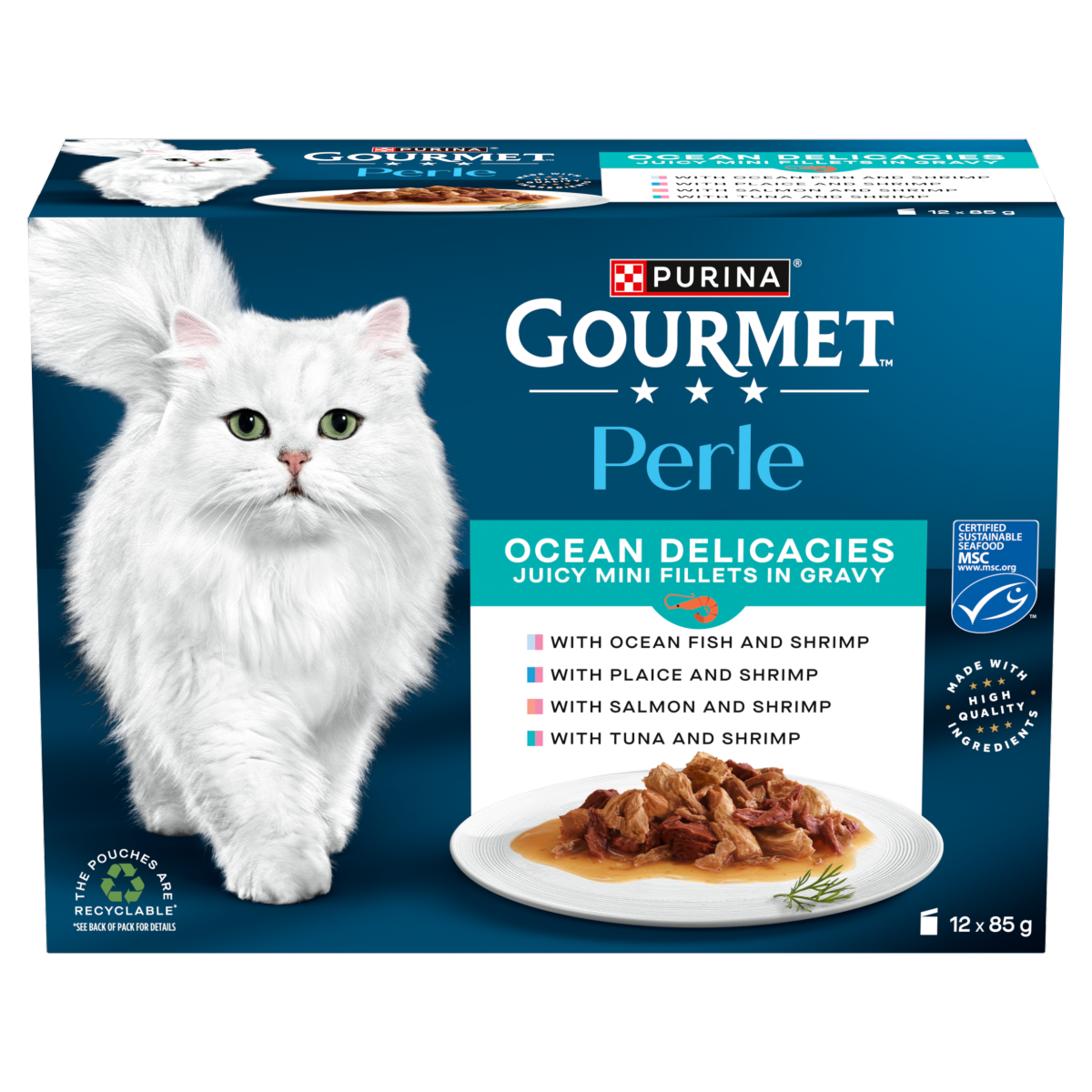 GOURMET Perle Mini Fillets in Gravy Ocean Delicacies Wet Cat Food 12x85g