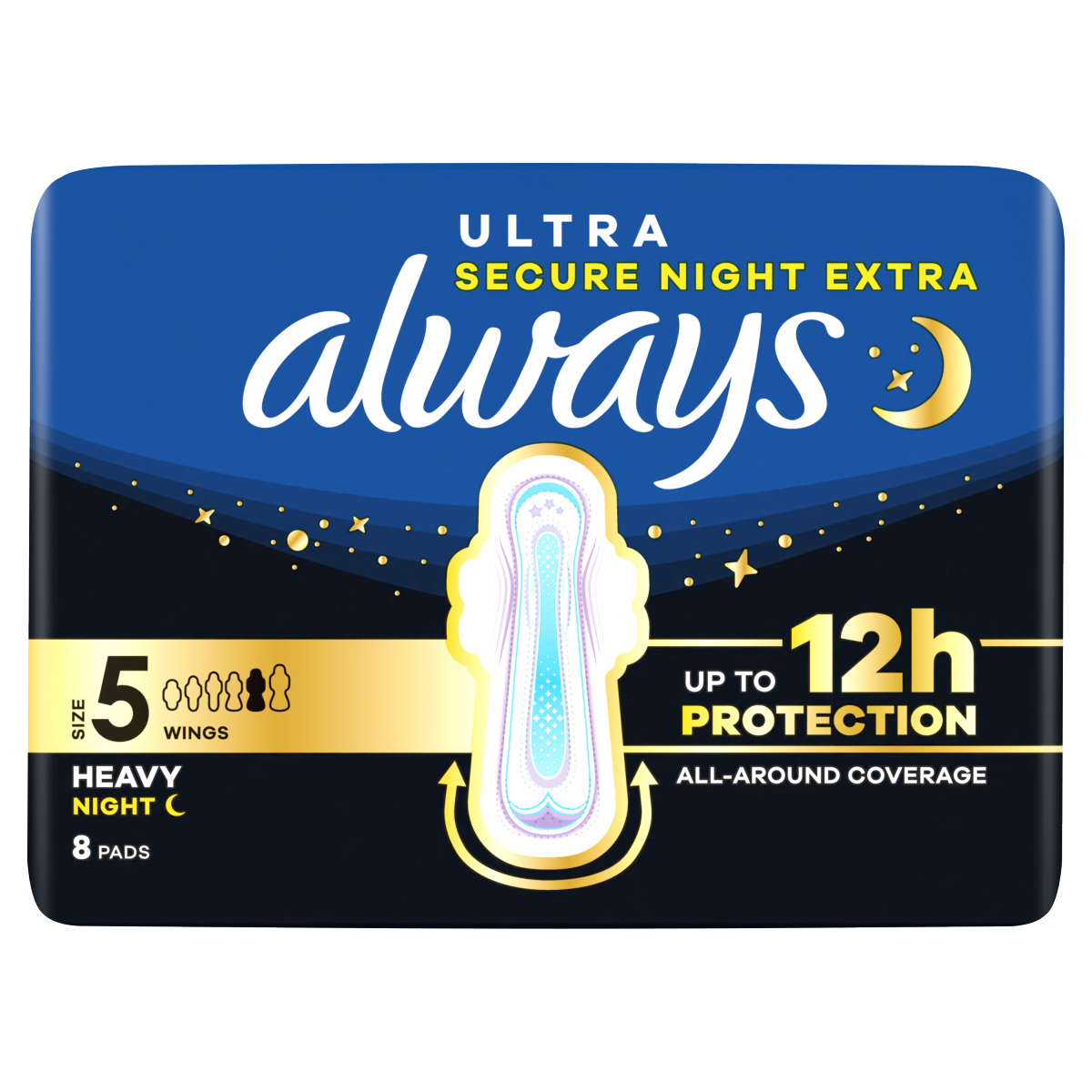 Always Ultra Sanitary Towels Heavy Flow Night (Size 5) Wings 8 Pads For Menstrual Periods