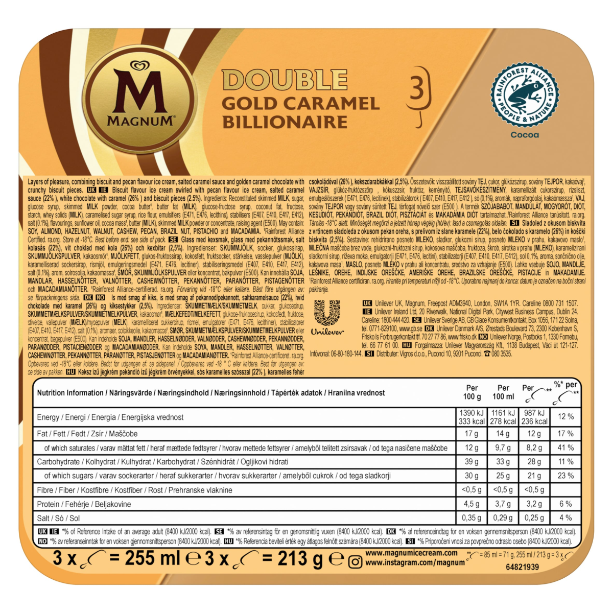 Magnum  Ice Cream Sticks Double Gold Caramel Billionaire 3x 85 ml