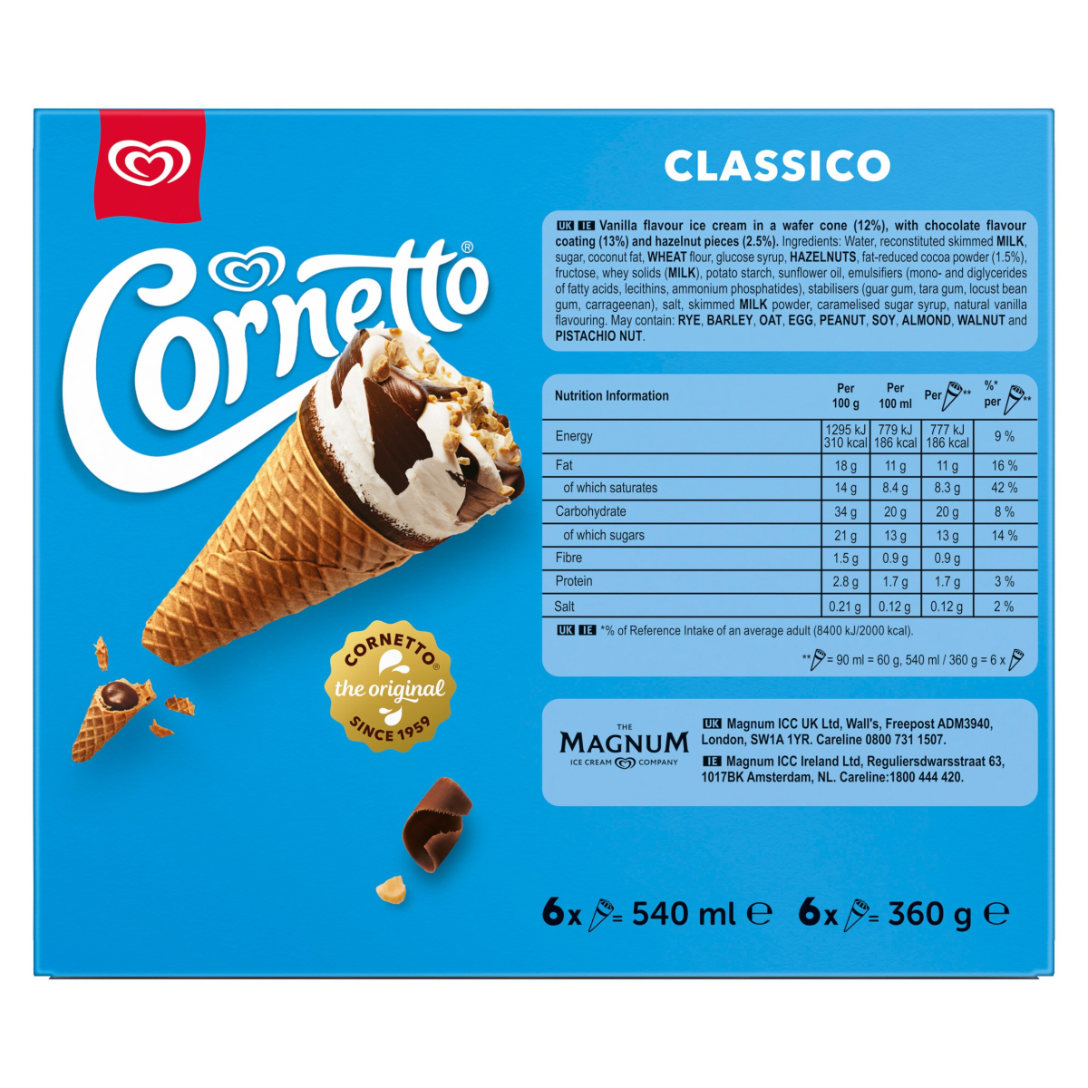 Cornetto Ice Cream Cone Classico 6x 90 ml