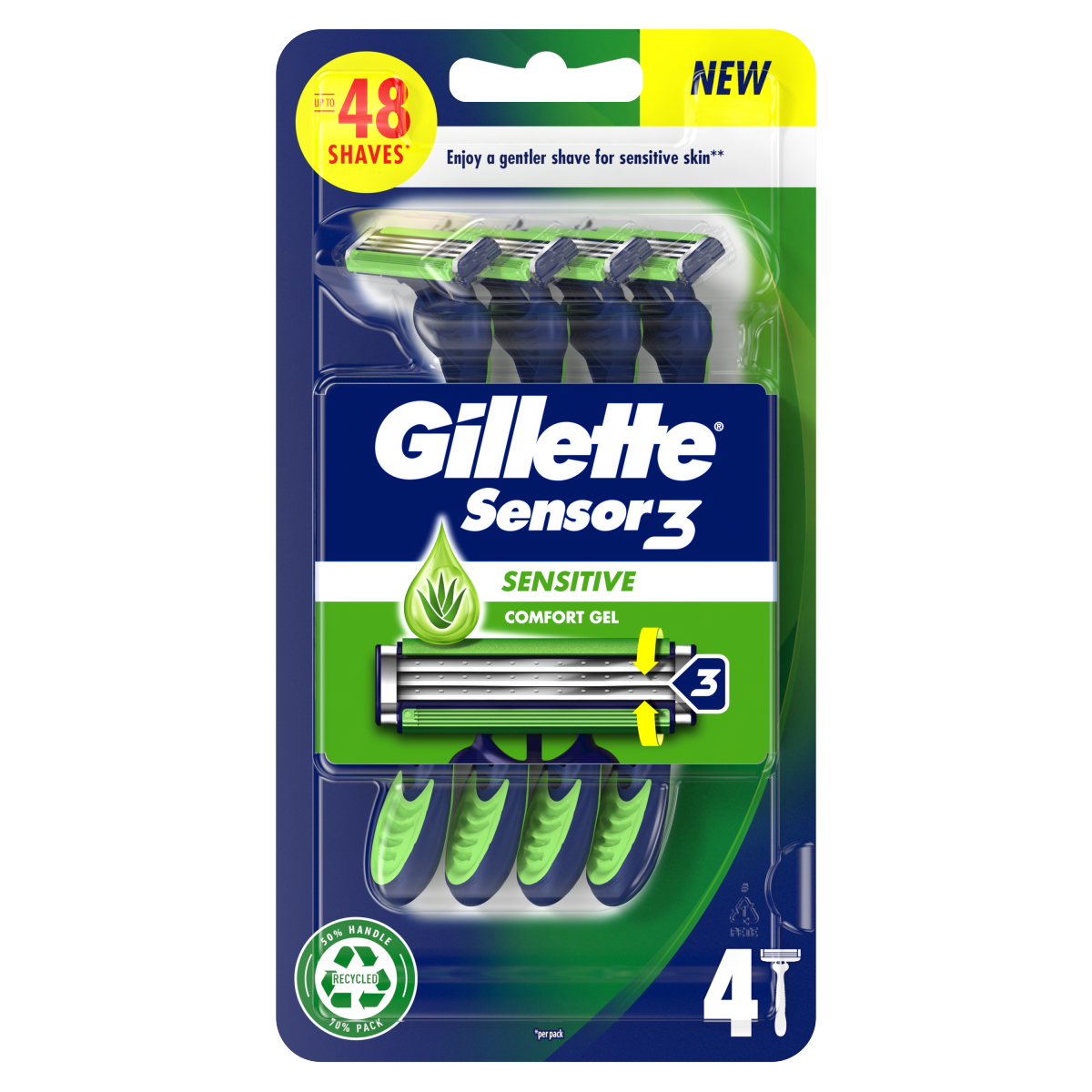 Gillette Sensor3 Sensitive, Disposable Razors For Men, 4-Pack Razors