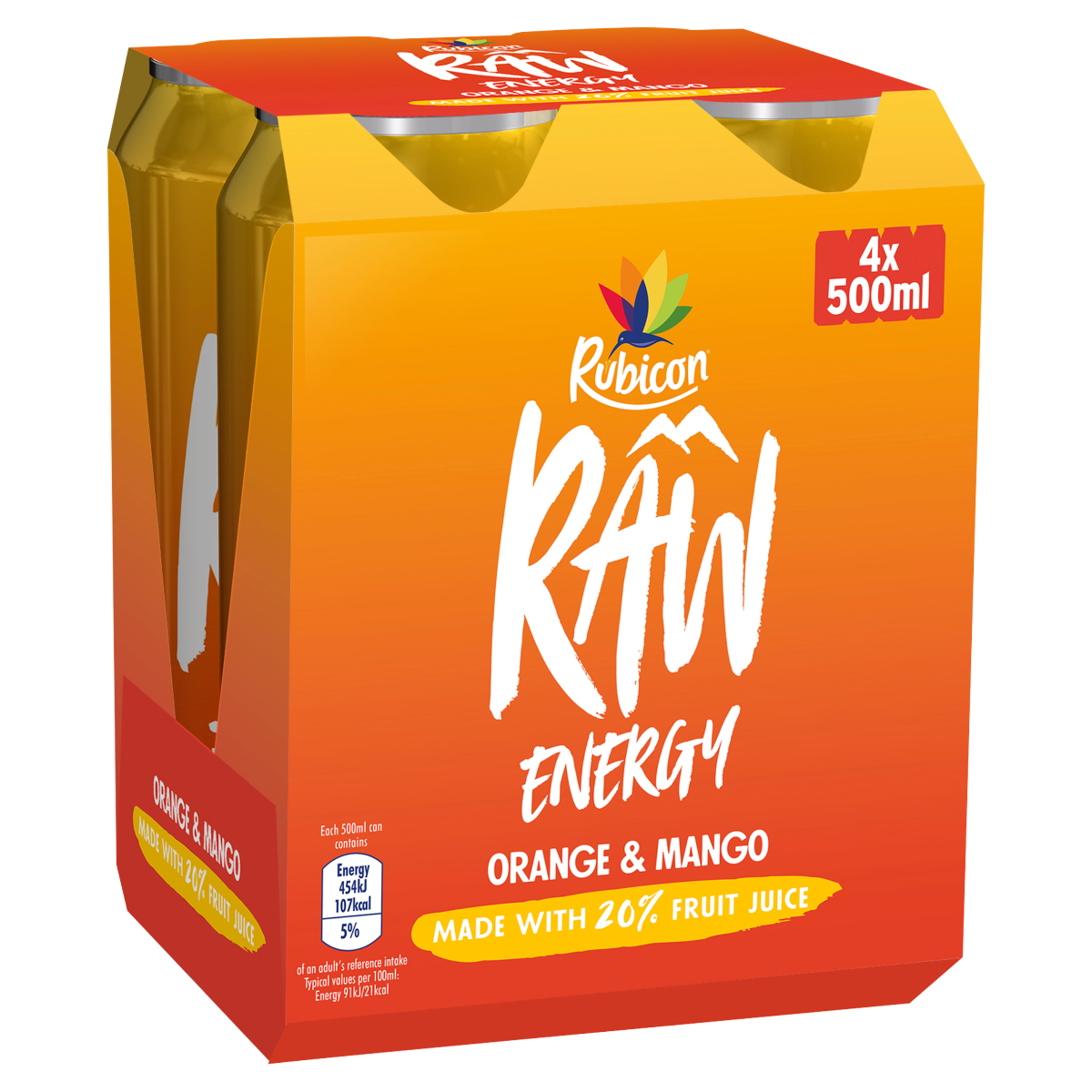 Rubicon RAW Energy Drink Orange & Mango 4 x 500ml