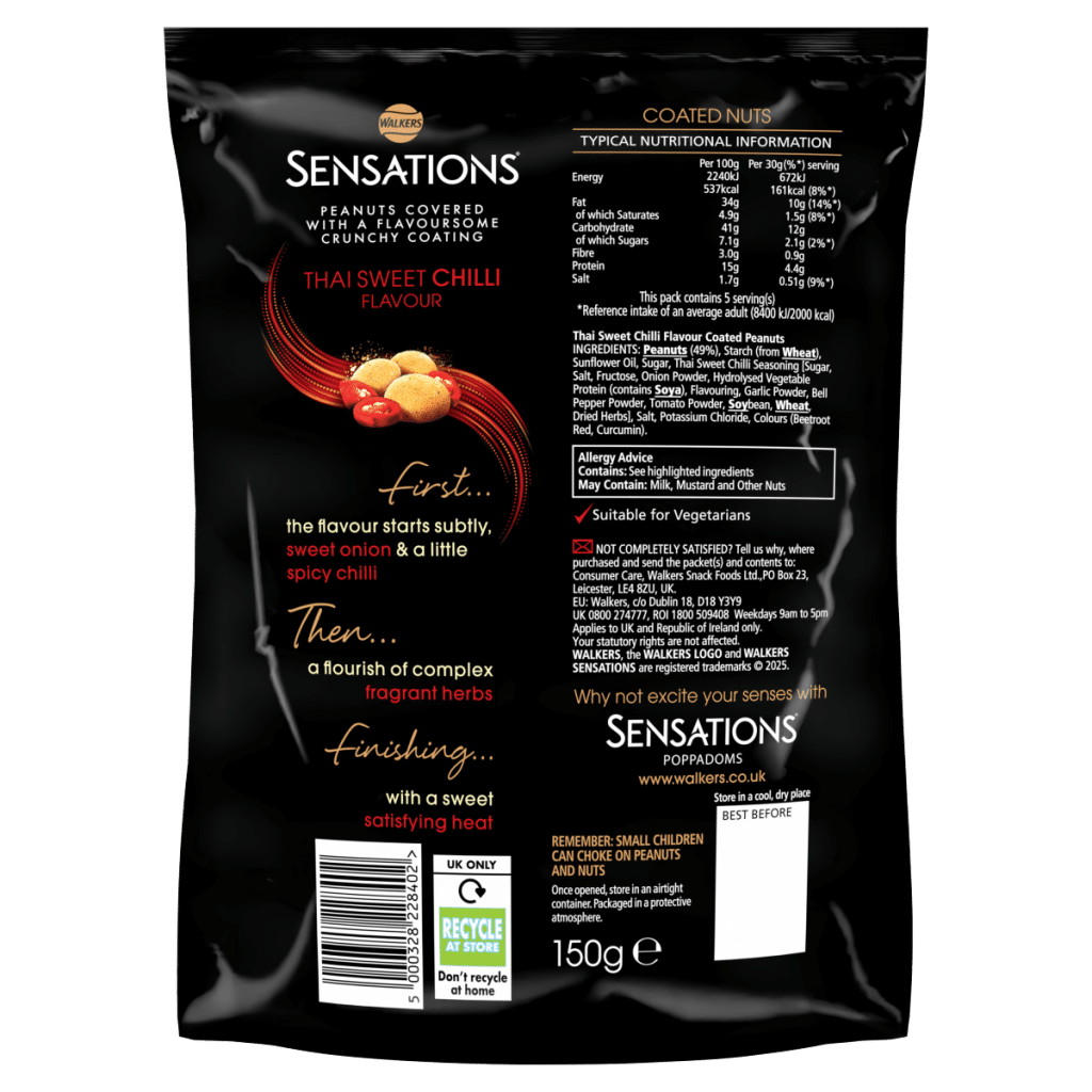 Walkers Sensations Thai Sweet Chilli Coated Sharing Peanuts 150g