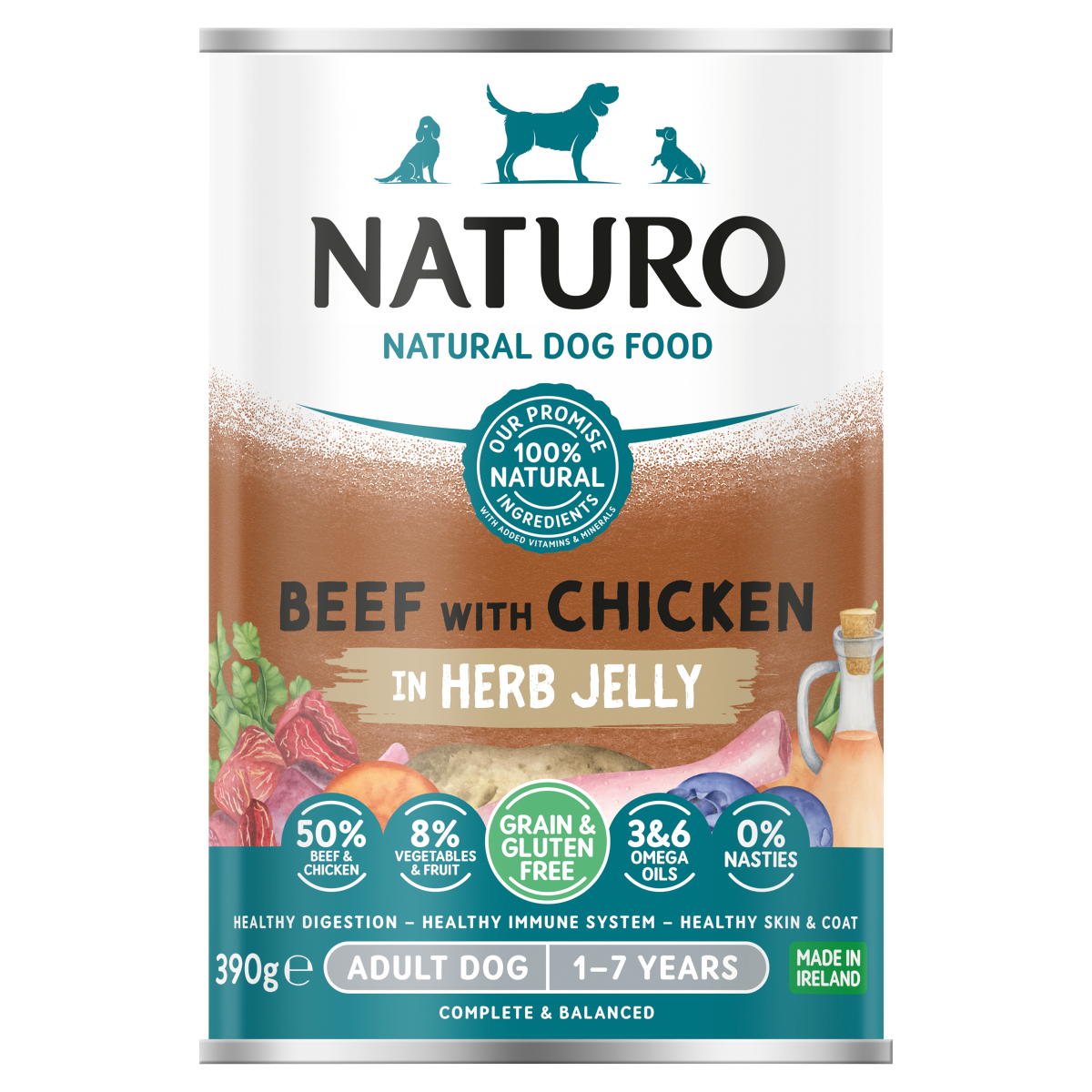 Naturo Natural Dog Food Beef with Chicken in Herb Jelly Adult Dog 1-7 Years 390g