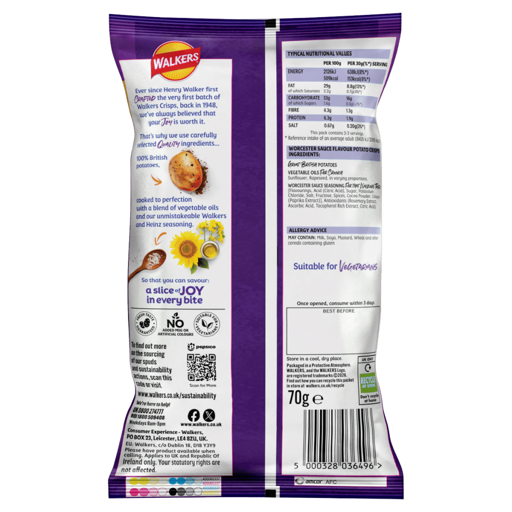 Walkers Lea & Perrins Worcester Sauce Sharing Crisps 70g PMP RRP £1.35