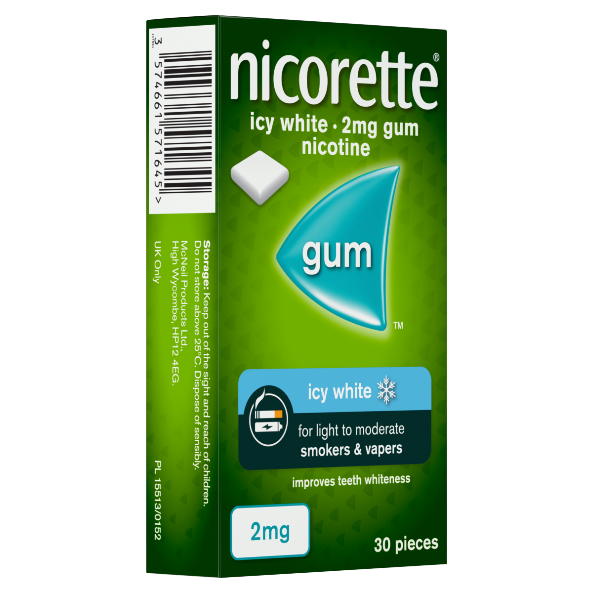 Nicorette Icy White 2mg Gum 30 Pieces Quit Smoking Aid