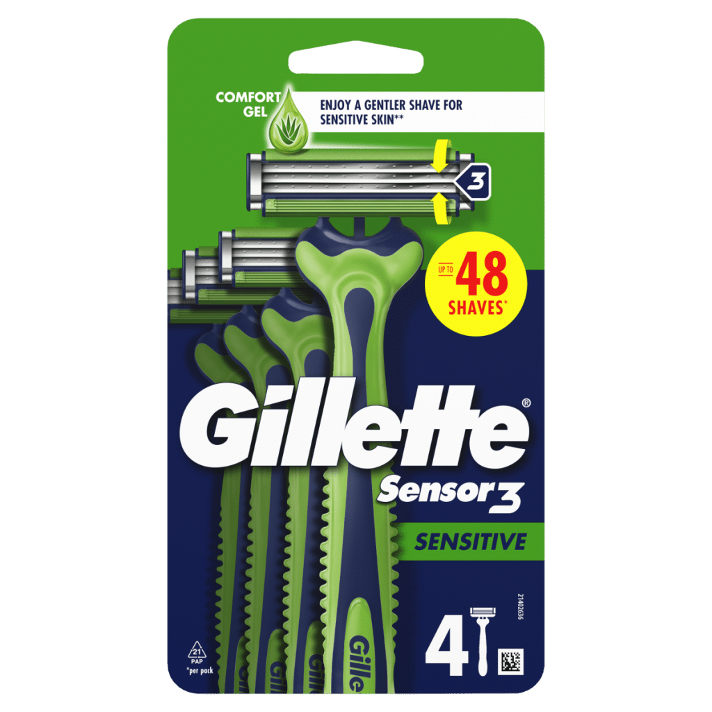 Gillette Sensor3 Sensitive, Disposable Razors For Men, 4-Pack Razors