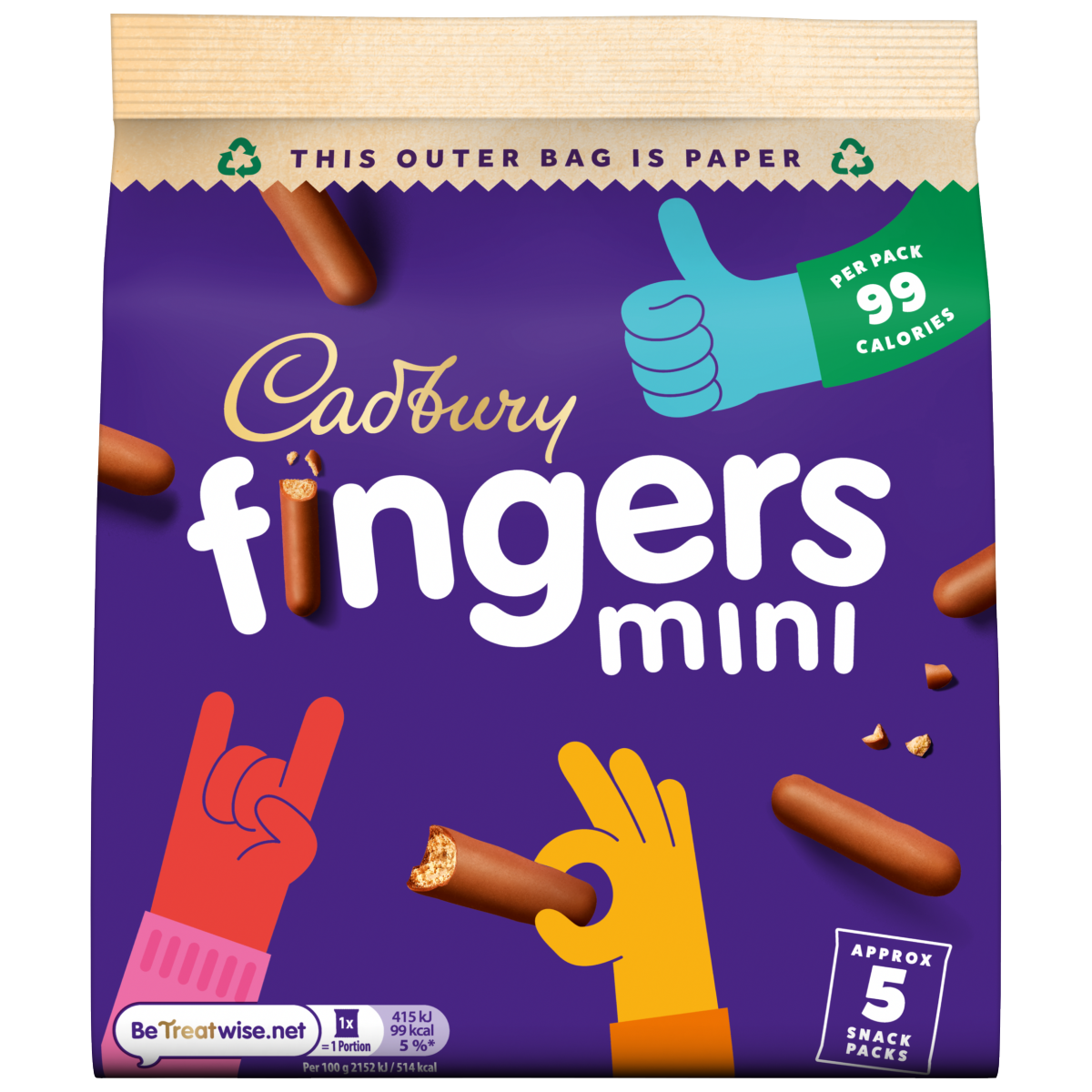 Cadbury Mini Fingers Chocolate Biscuits 5 Pack Multipack 96.5g (5 x 19.3g)