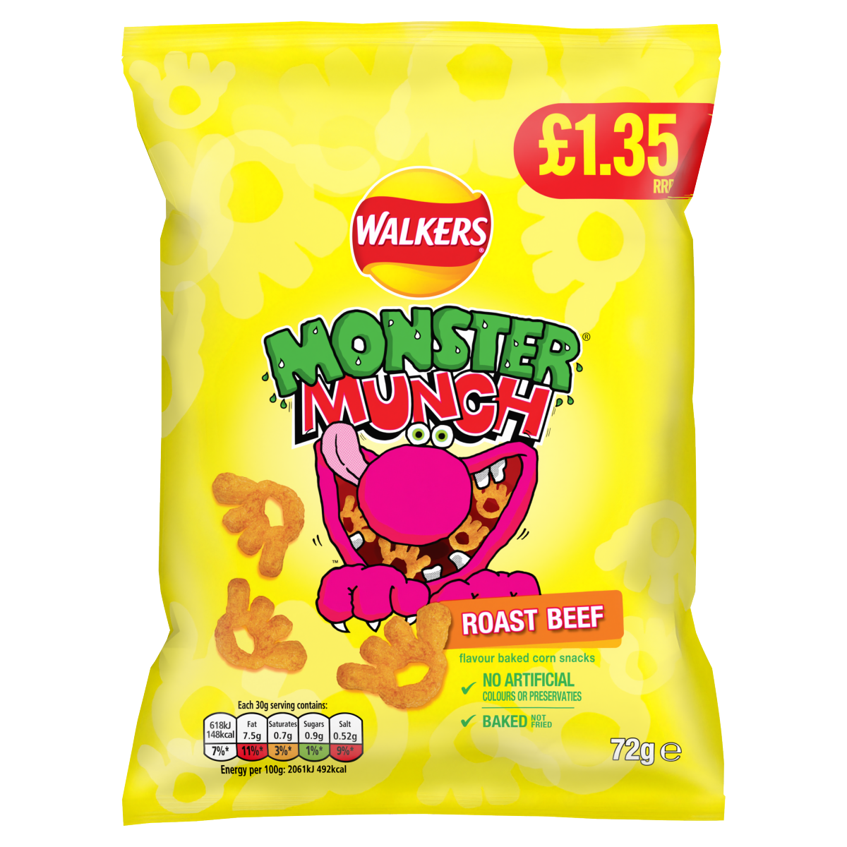 Walkers Monster Munch Roast Beef Crisps 72g PMP £1.35 RRP