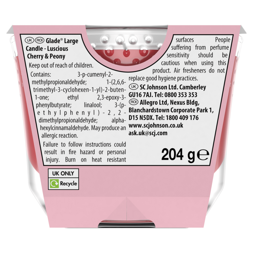 Glade Large Scented Candle Luscious Cherry & Peony Air Freshener 204g
