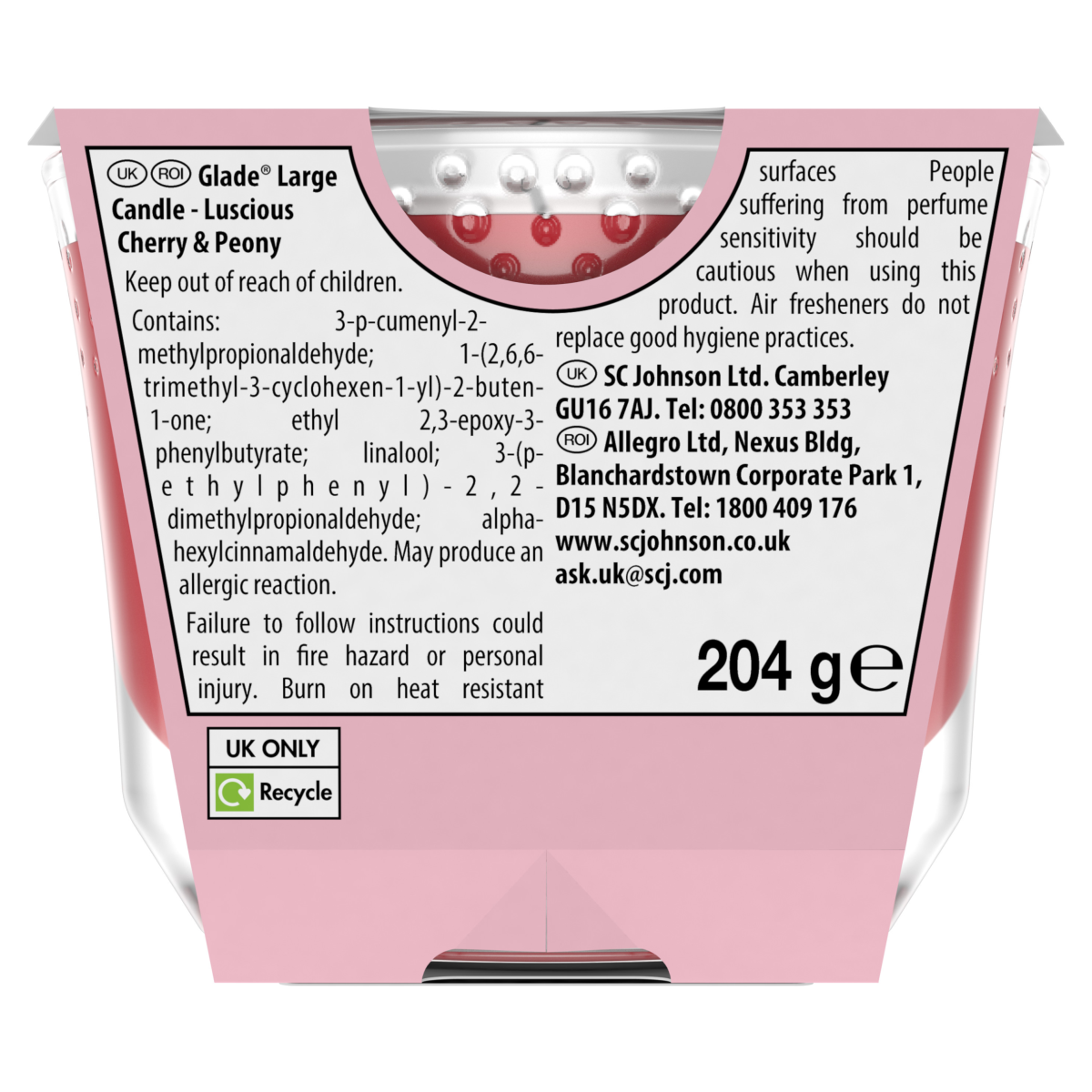 Glade Large Scented Candle Luscious Cherry & Peony Air Freshener 204g