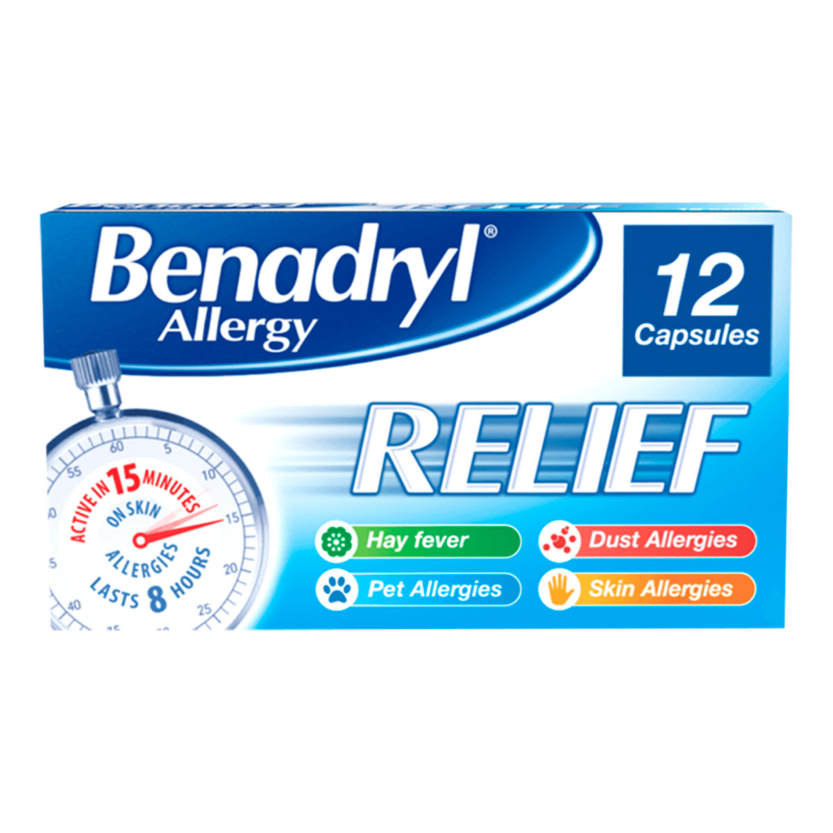 BENADRYL  Allergy Relief capsules gets to work in 15mins for Allergy relief. Pack of 12.