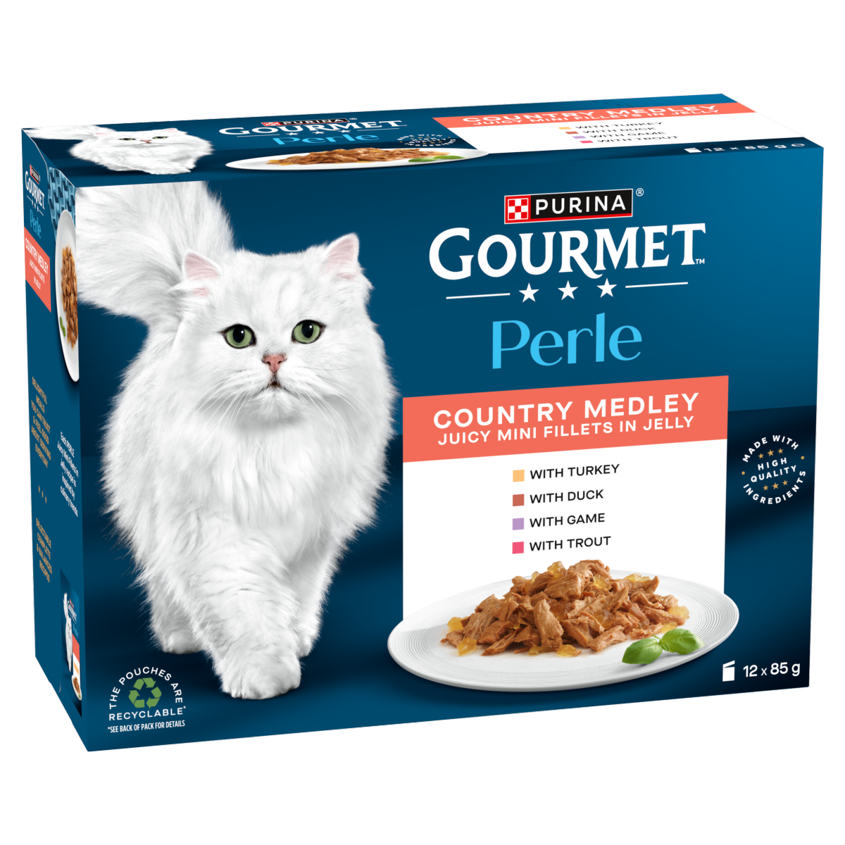 GOURMET Perle Mini Fillets in Jelly Country Medley (Turkey,Trout,Duck,Game) Wet Cat Food 12x85g