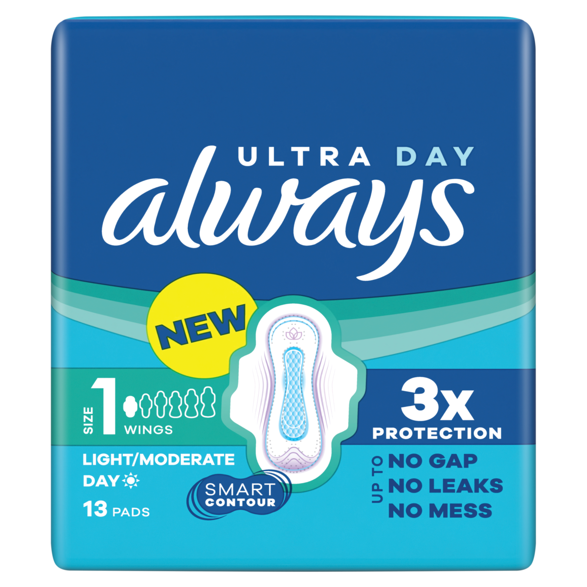 Always Ultra Sanitary Towels Light / Moderate Flow Day (Size 1) Wings 13 Pads For Menstrual Period