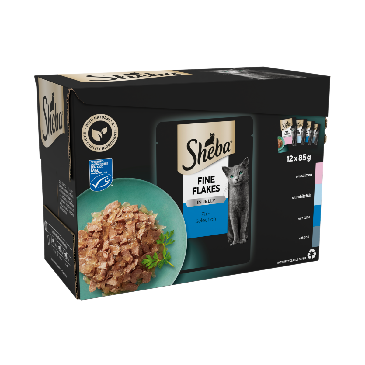 SHEBA® Fine Flakes Adult Wet Cat Food Fish Selection in Jelly 12 x 85g Pouch