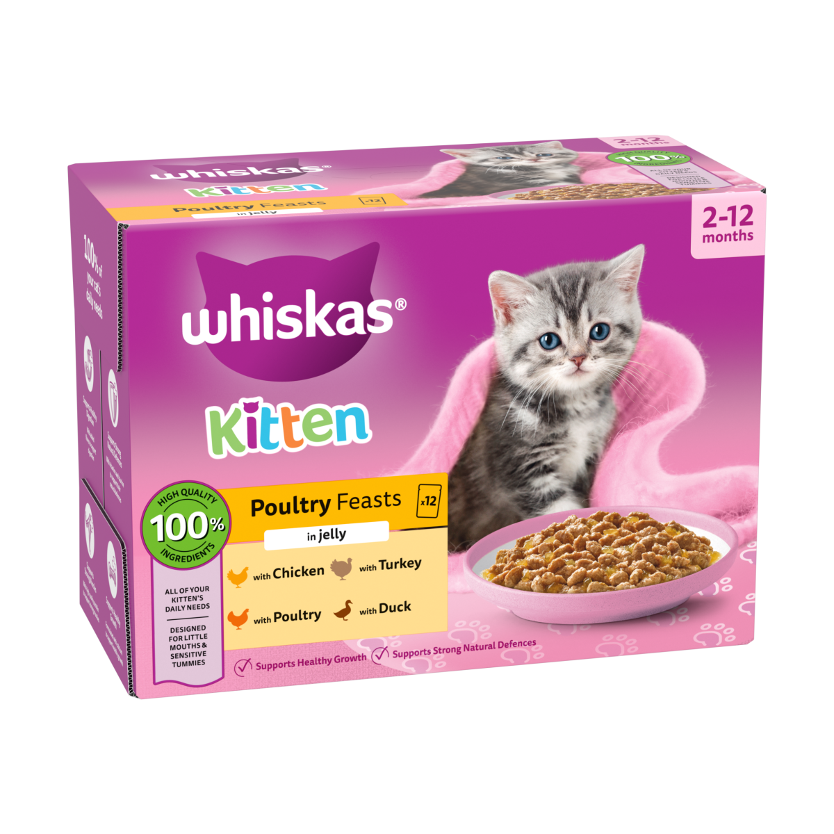 WHISKAS Kitten 2-12 mnths POULTRY Feasts Wet Cat Food Pouches in Jelly 12 x 85g