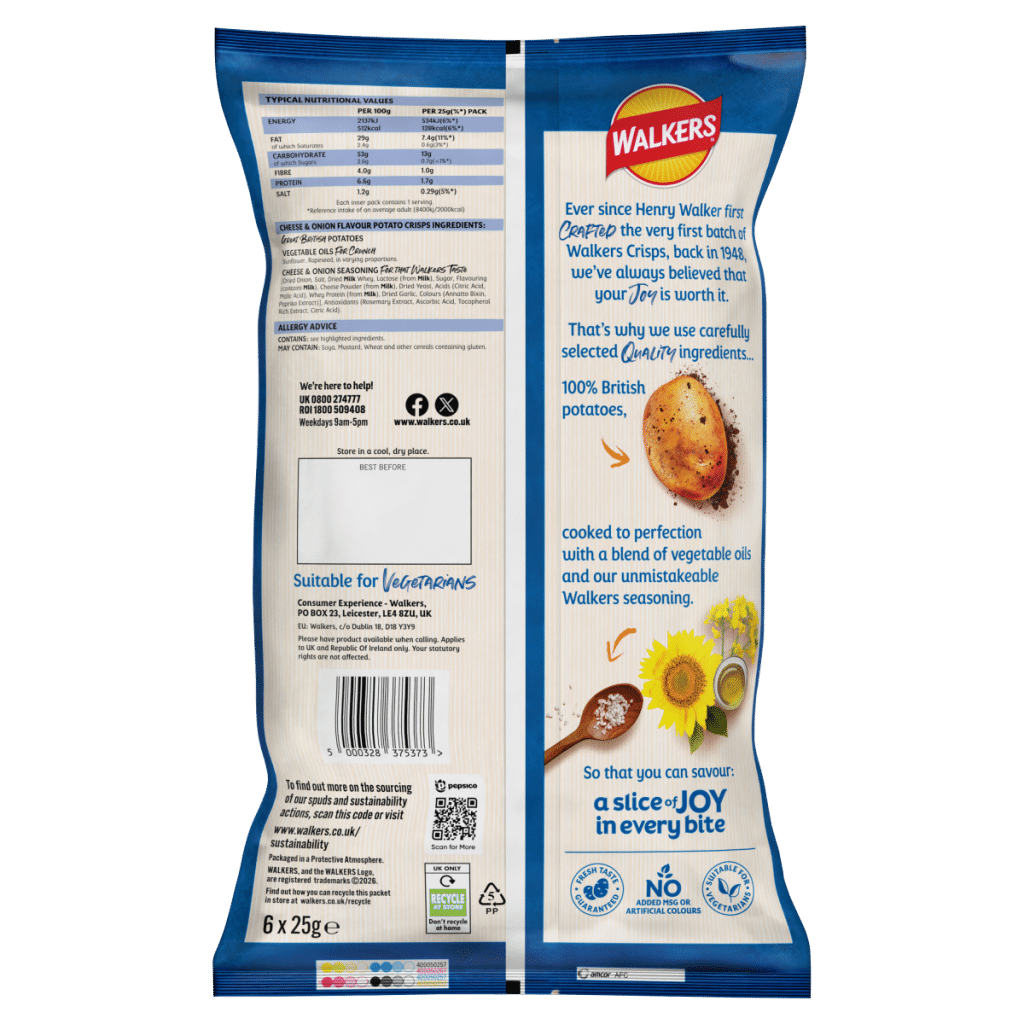 Walkers Cheese & Onion Multipack Crisps 6x25g