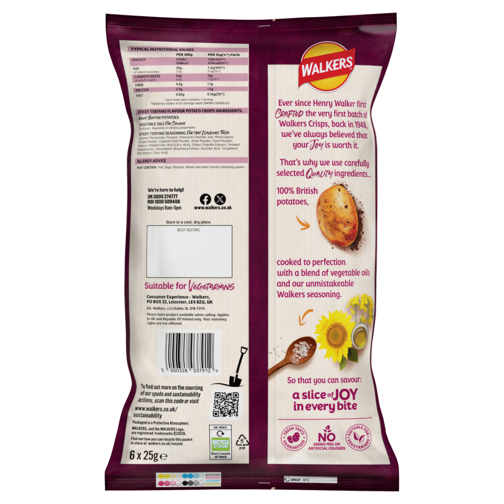 Walkers Sticky Teriyaki Flavour  Sharing Crisps Multipack 6x25g