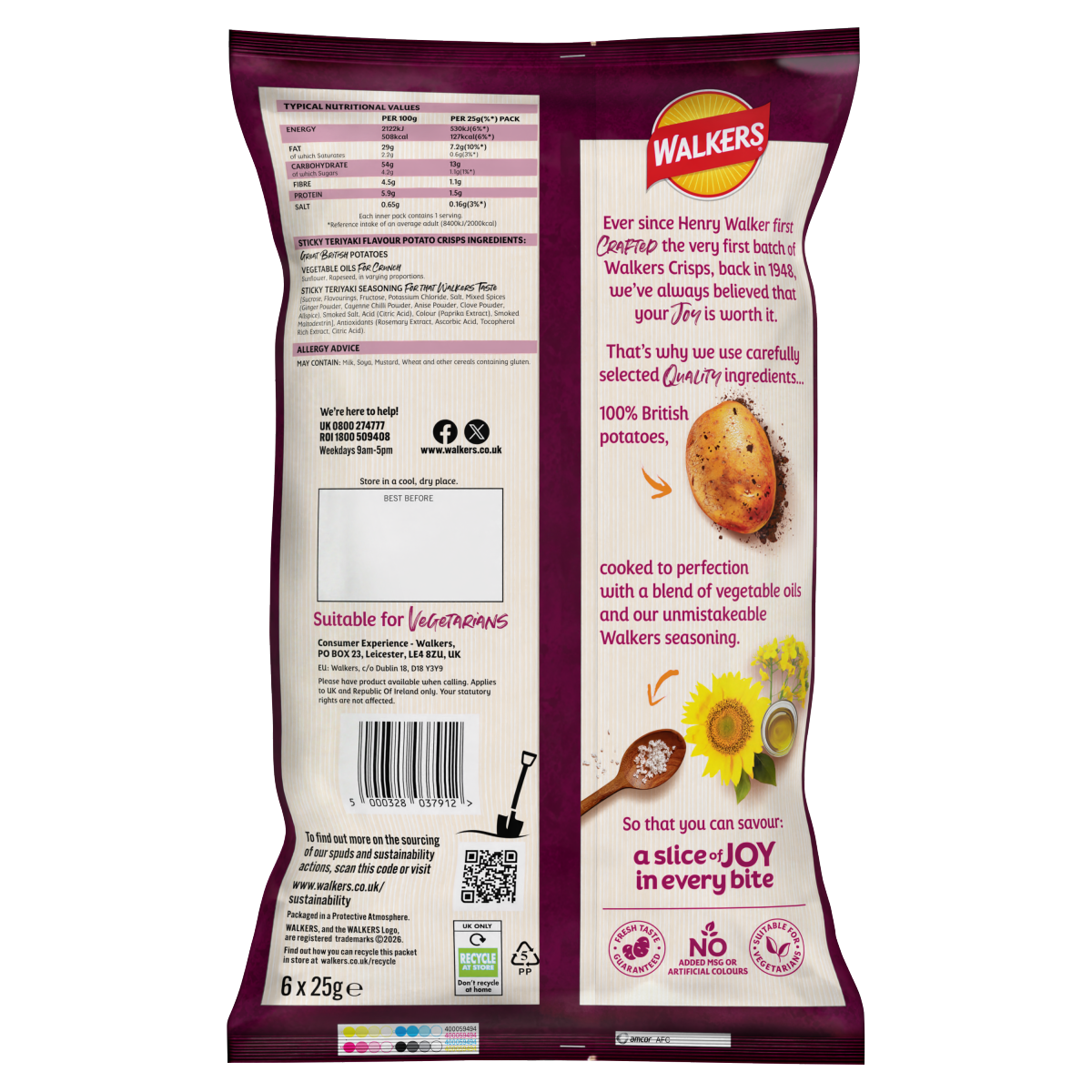 Walkers Sticky Teriyaki Flavour  Sharing Crisps Multipack 6x25g