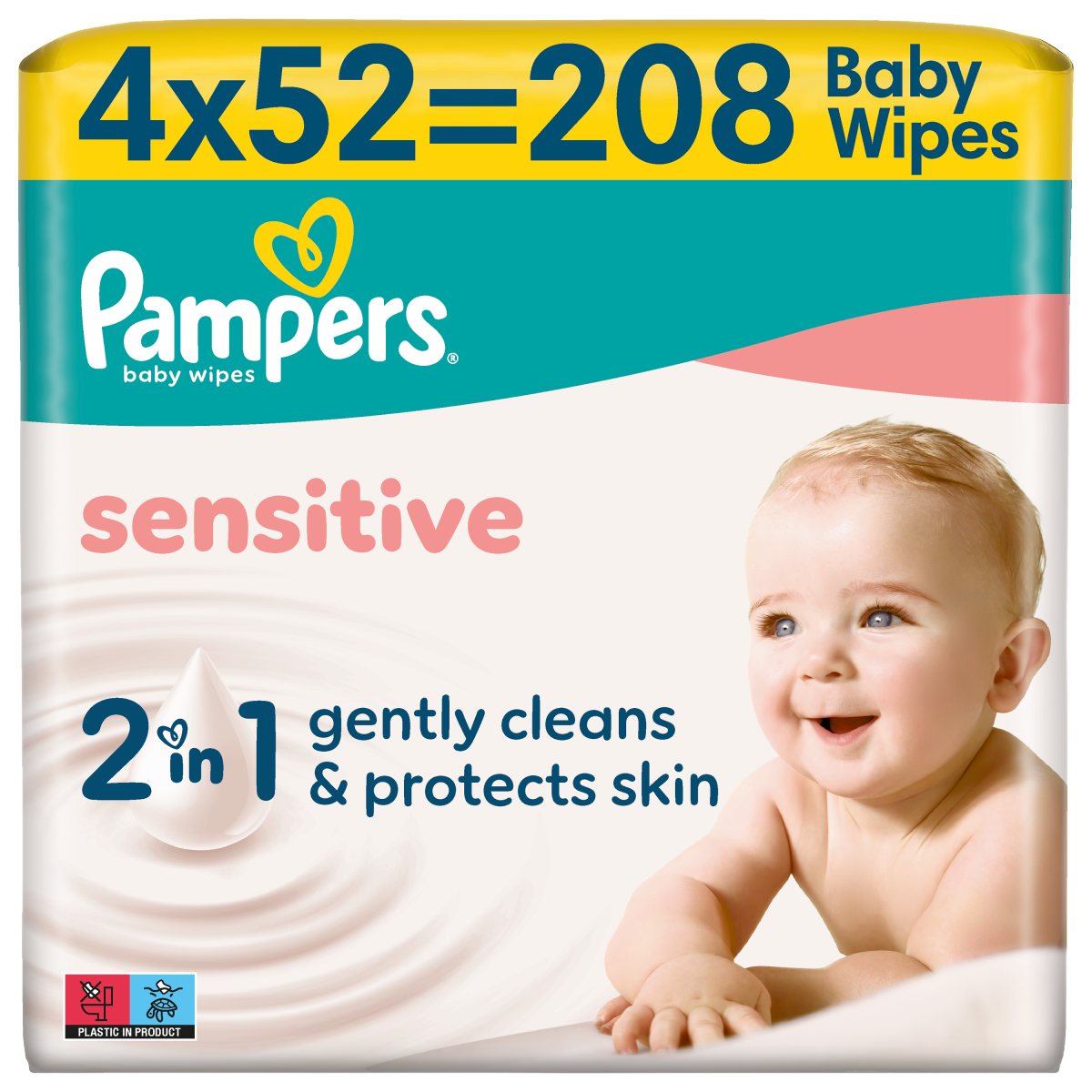 Pampers Sensitive Baby Wipes, 4 Packs of 52 Wipes = 208 Baby Wet Wipes