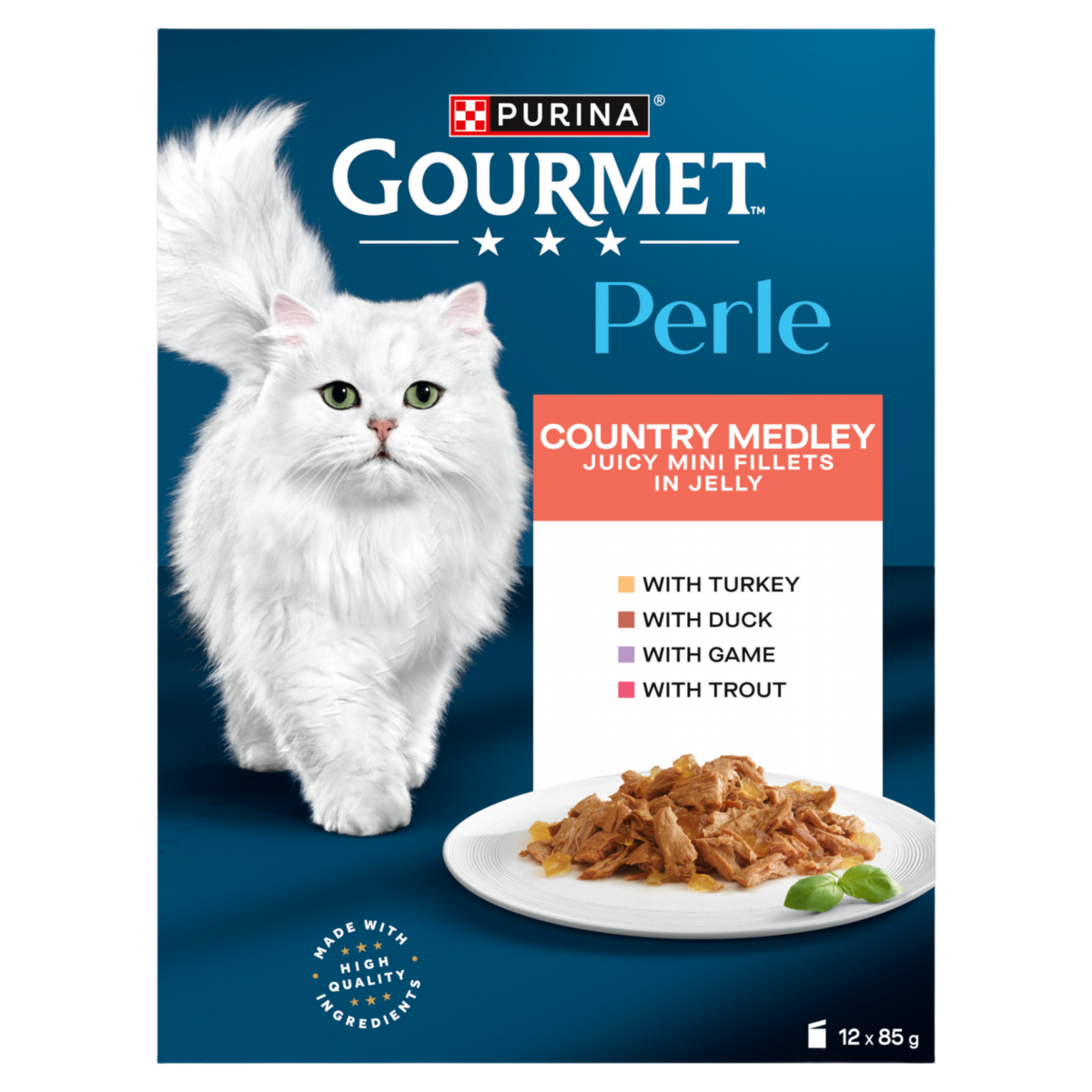 GOURMET Perle Mini Fillets in Jelly Country Medley (Turkey,Trout,Duck,Game) Wet Cat Food 12x85g