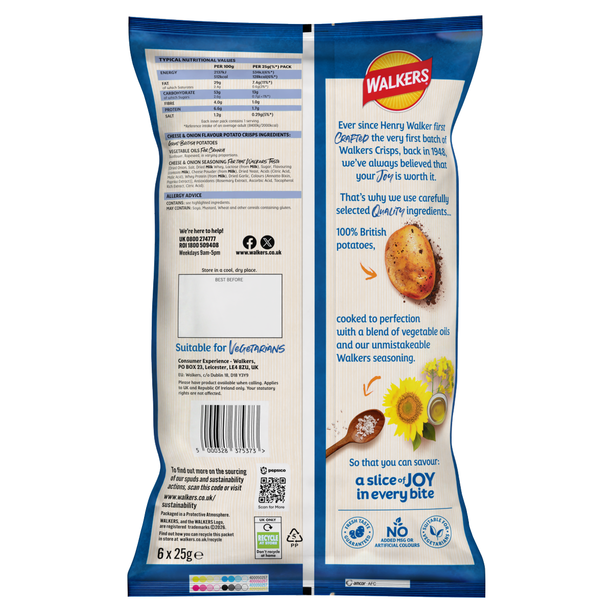 Walkers Cheese & Onion Multipack Crisps 6x25g