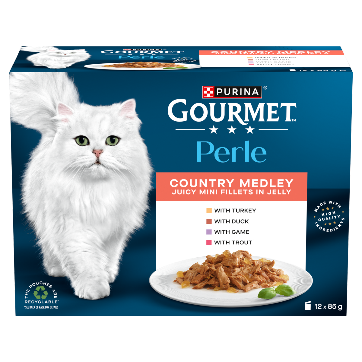 GOURMET Perle Mini Fillets in Jelly Country Medley (Turkey,Trout,Duck,Game) Wet Cat Food 12x85g