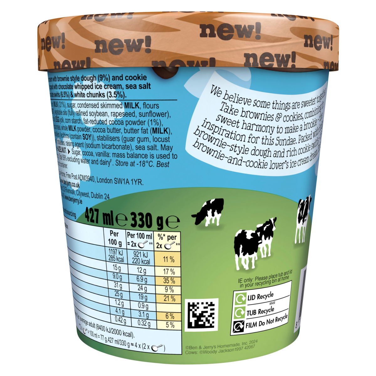 Ben & Jerry’s Sundae Ice Cream Tub Brookies & Cream 427 ML