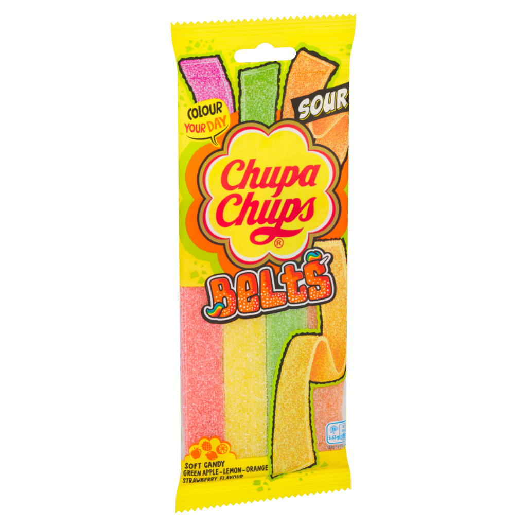 Chupa Chups Green Apple-Lemon-Orange Strawberry Flavour Soft Candy Belts 90g