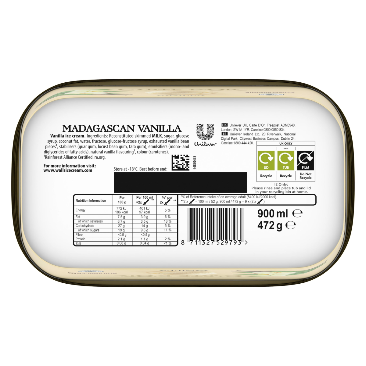 Carte D’or Ice Cream Tub Madagascan Vanilla 900 ml