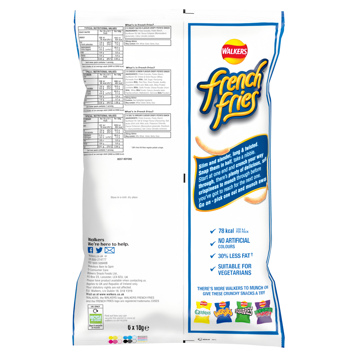 Walkers French Fries Flavour Crispy Potato Snacks 6 x 18g