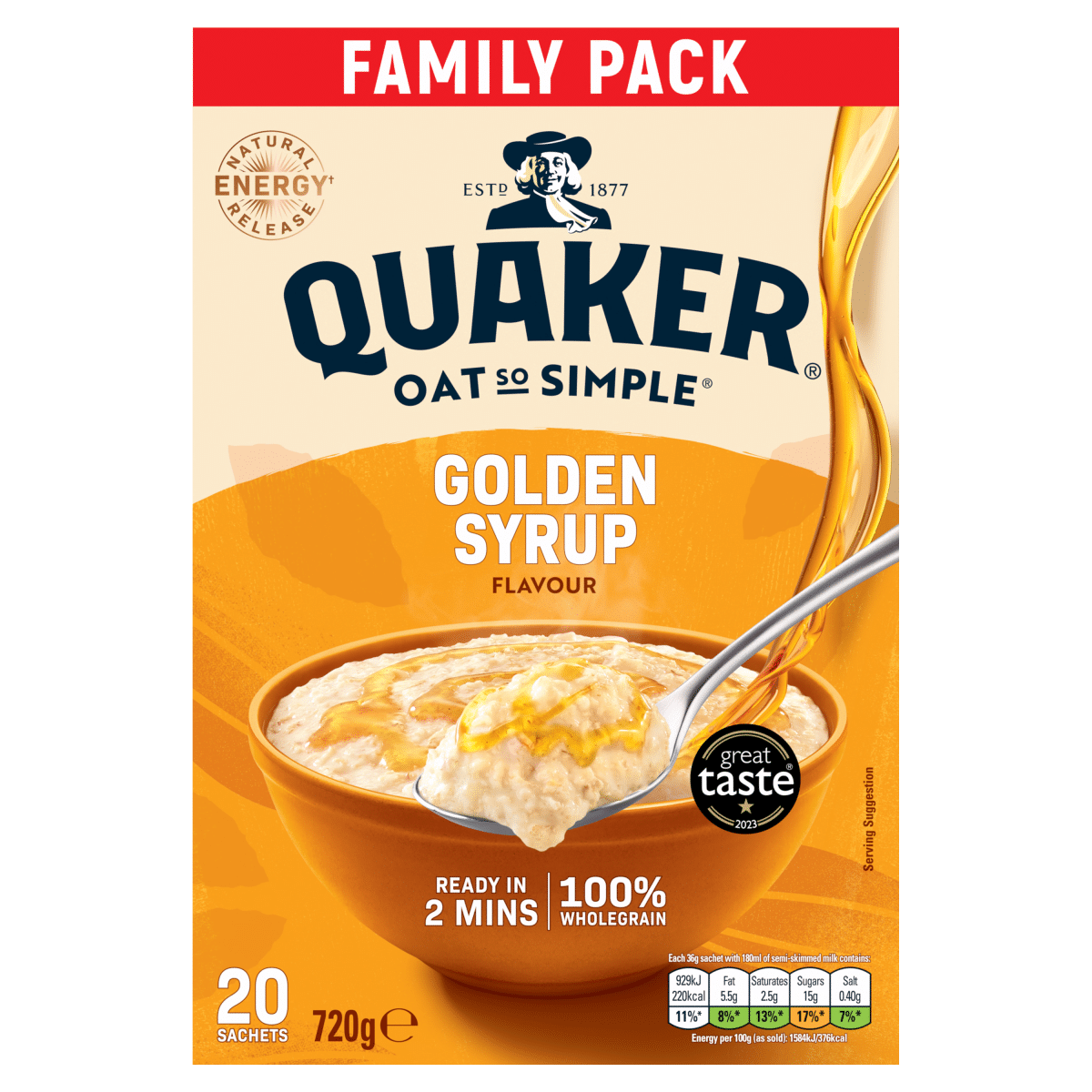 Quaker Oat So Simple Golden Syrup Family Pack Porridge Sachets 20x36g