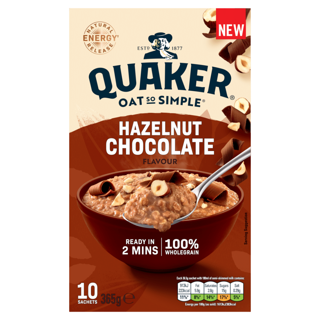 Quaker Hazelnut Chocolate Porridge Sachets Oats So Simple 10 x 36g