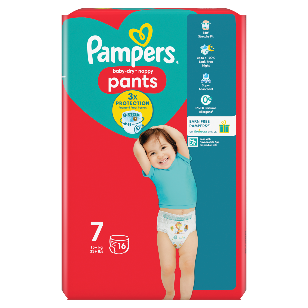 Pampers Baby-Dry Nappy Pants Size 7, 16 Nappies, 15kg+, Carry Pack
