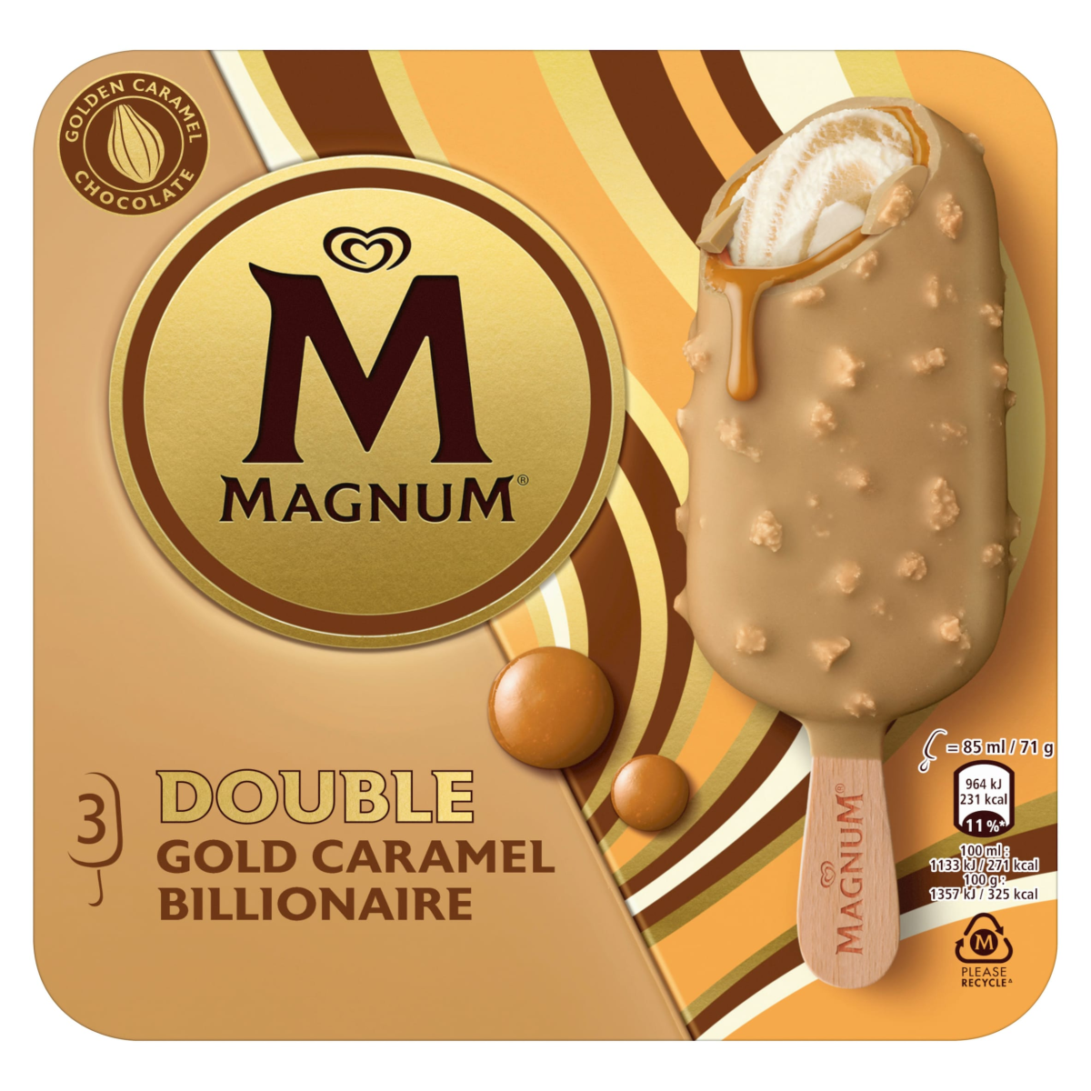 Magnum  Ice Cream Sticks Double Gold Caramel Billionaire 3x 85 ml