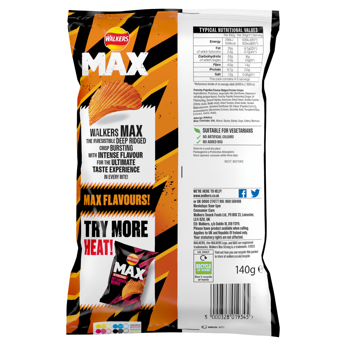 Walkers Max Punchy Paprika Sharing Crisps 140g
