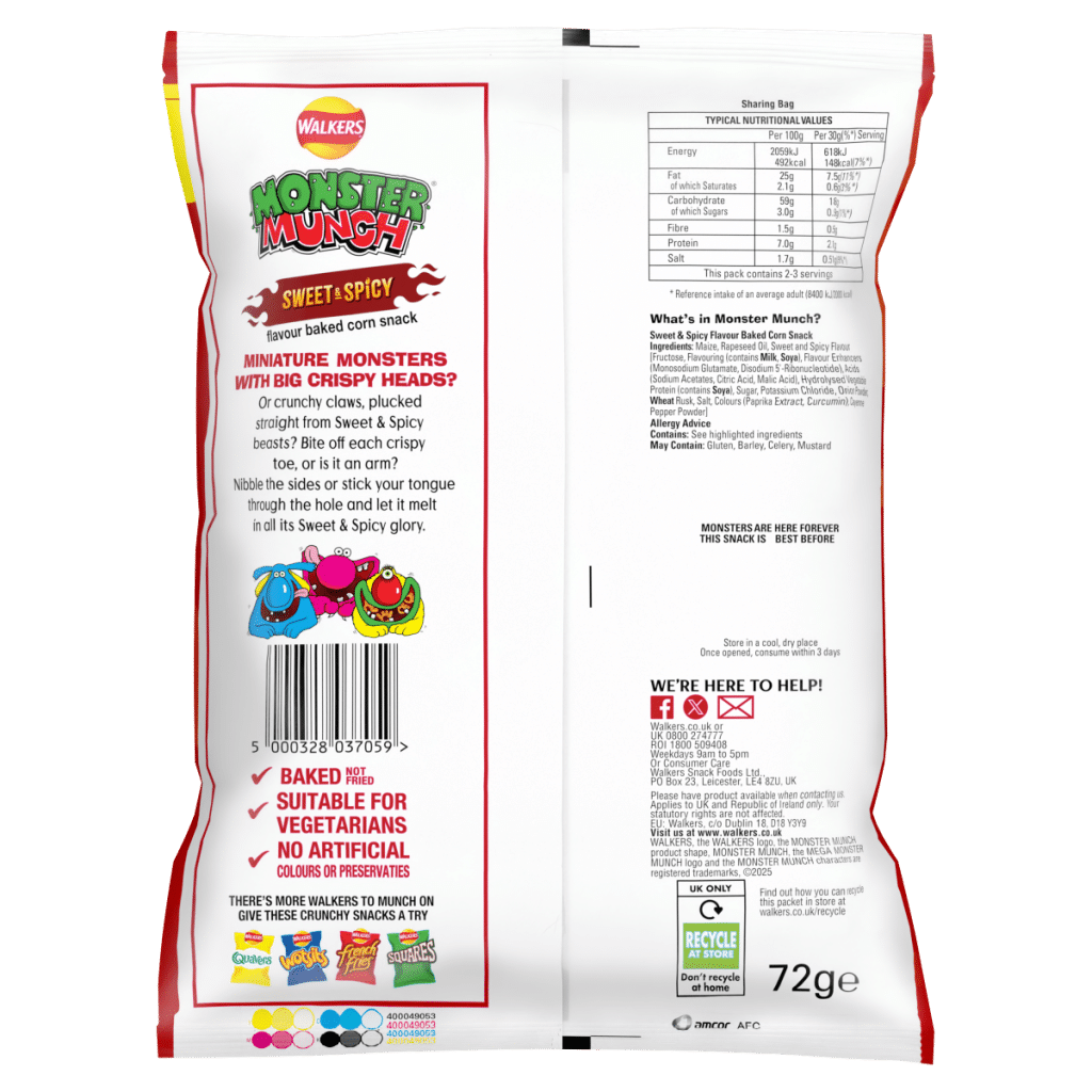 Walkers Monster Munch Sweet & Spicy Snacks RRP £1.35 PMP 72g