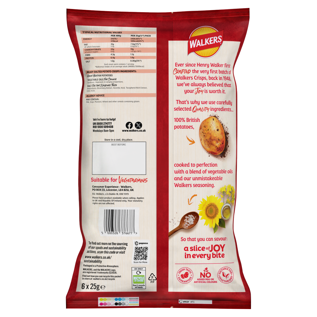 Walkers Ready Salted Multipack Crisps 6x25g