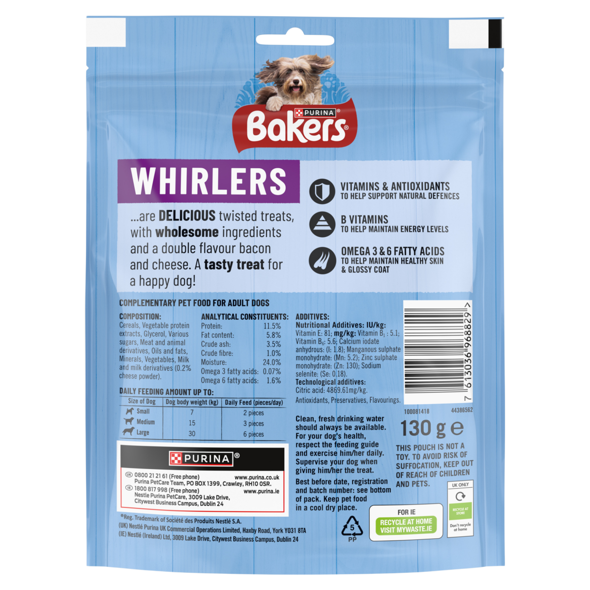 BAKERS Whirlers Bacon and Cheese Dog Treats 130g