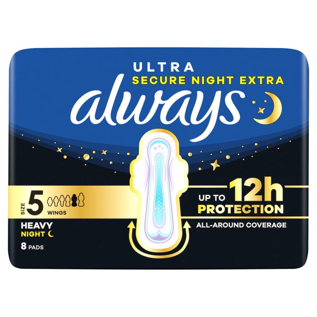 Always Ultra Sanitary Towels Heavy Flow Night (Size 5) Wings 8 Pads For Menstrual Periods