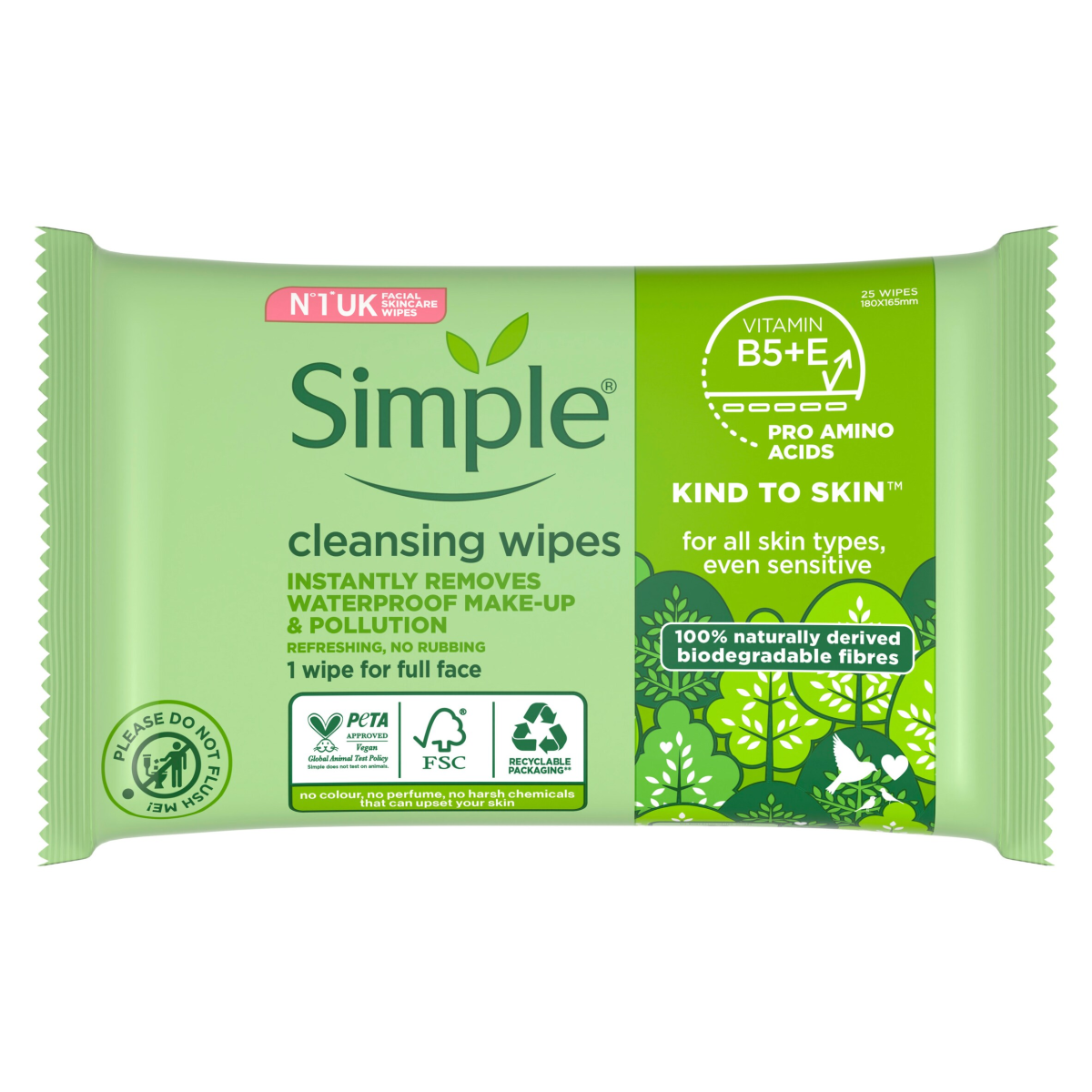 Simple Kind to Skin Cleansing Wipes Bio-degradable 25 wipes
