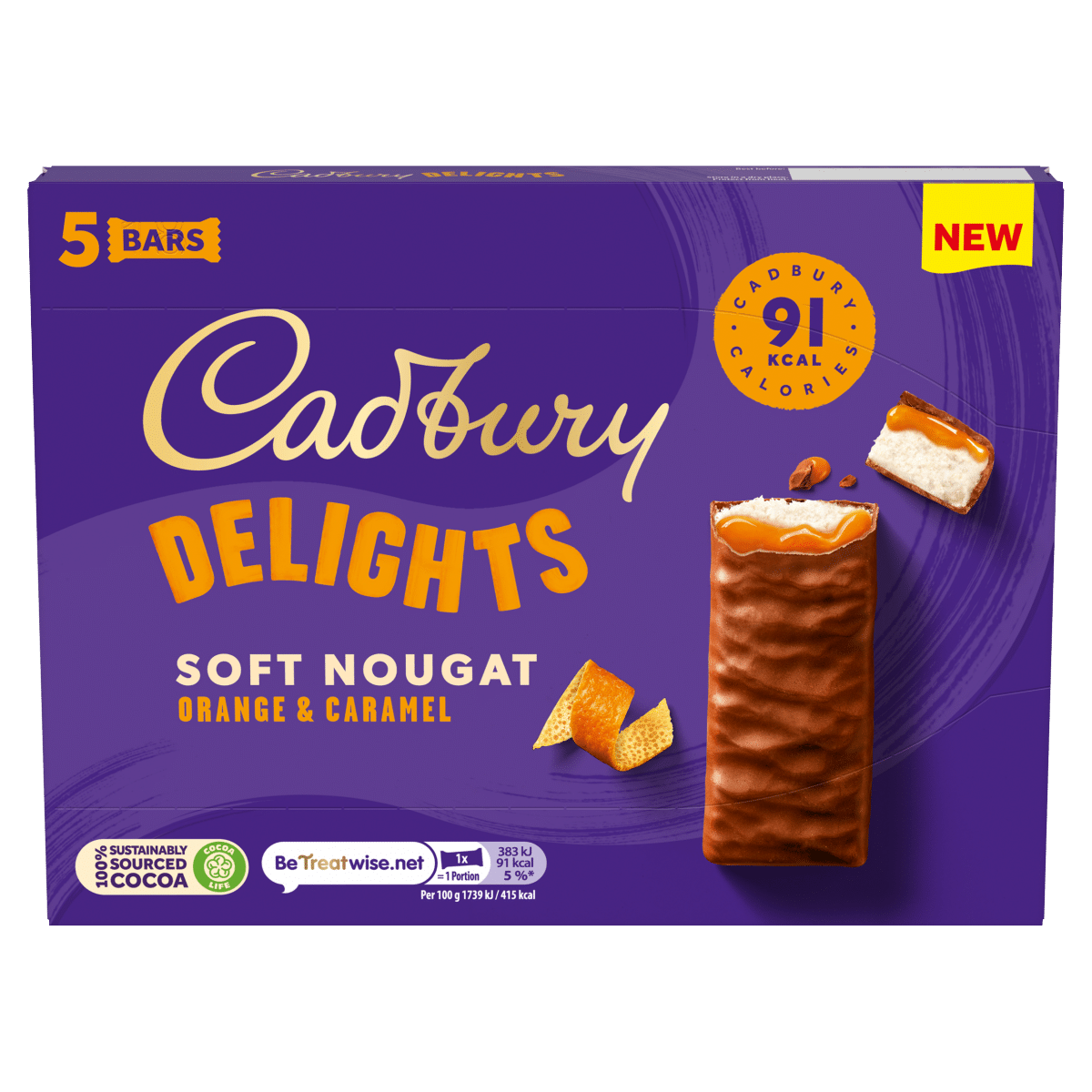 Cadbury Delights Soft Nougat Orange & Caramel Bars 5 x 22g (110g)