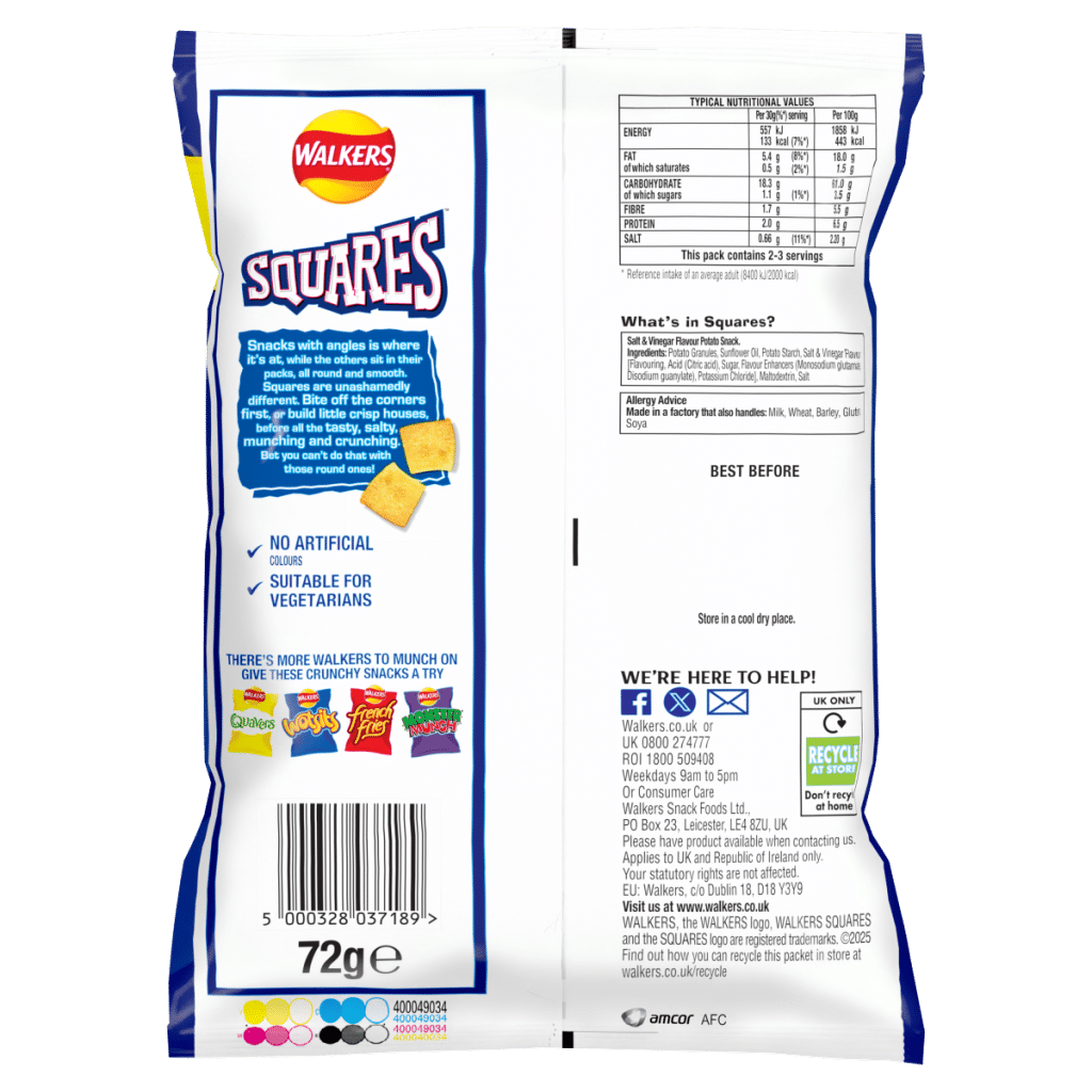 Walkers Squares Salt & Vinegar Crisps 72g PMP £1.35 RRP