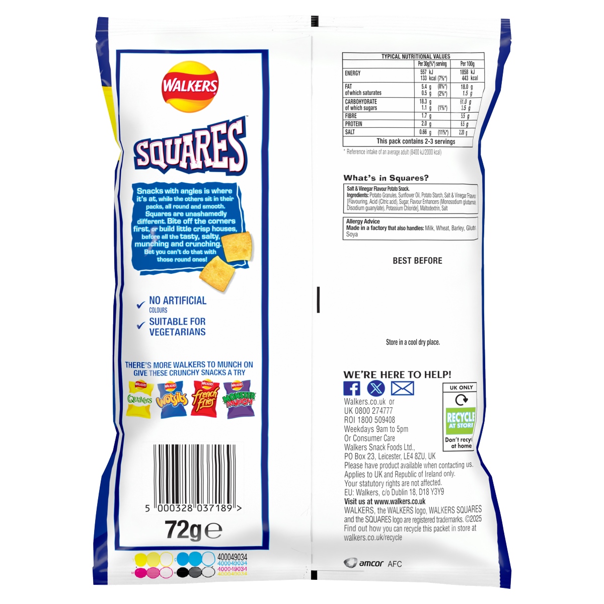 Walkers Squares Salt & Vinegar Crisps 72g PMP £1.35 RRP