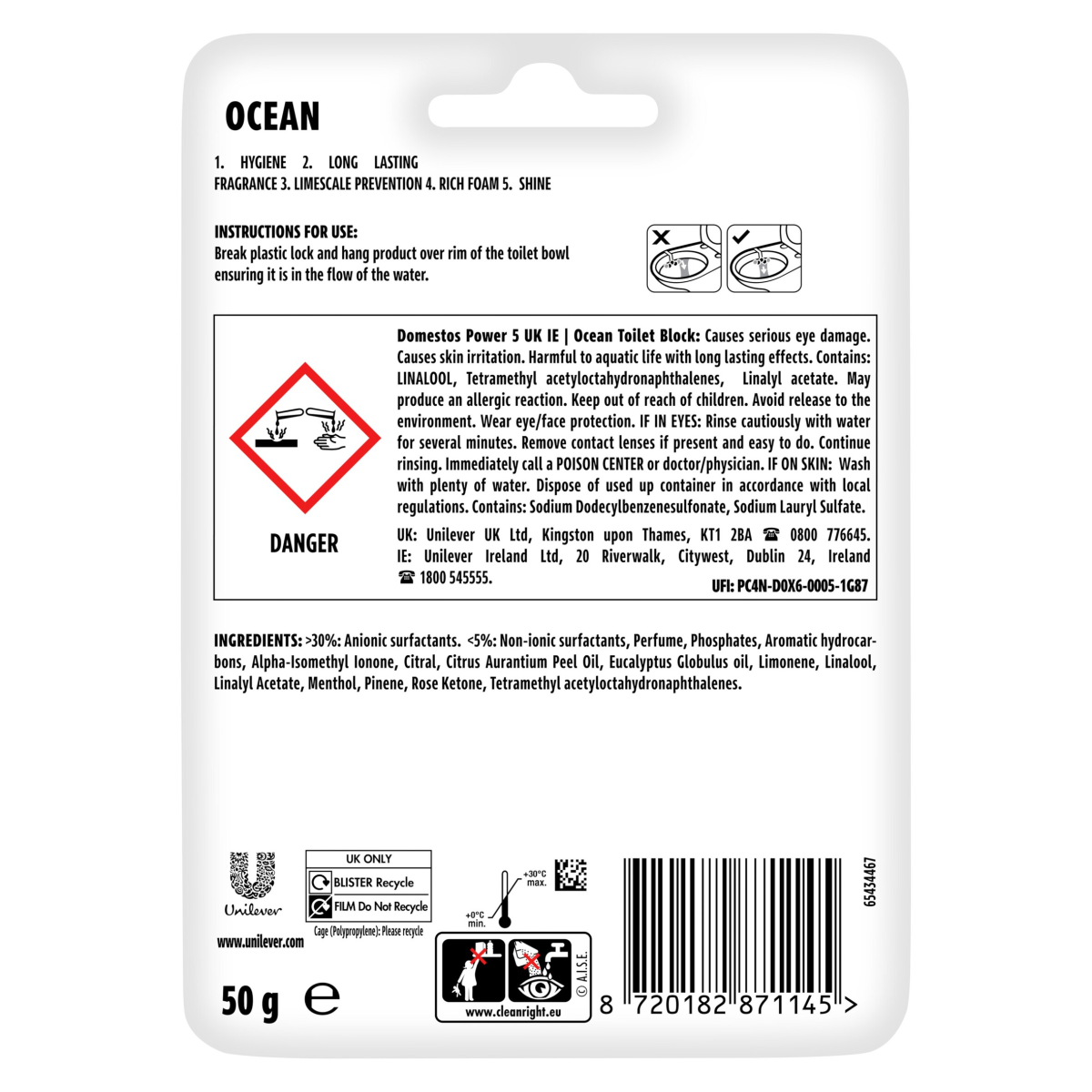 Domestos Power 5 Toilet Rim Block Ocean 50 g