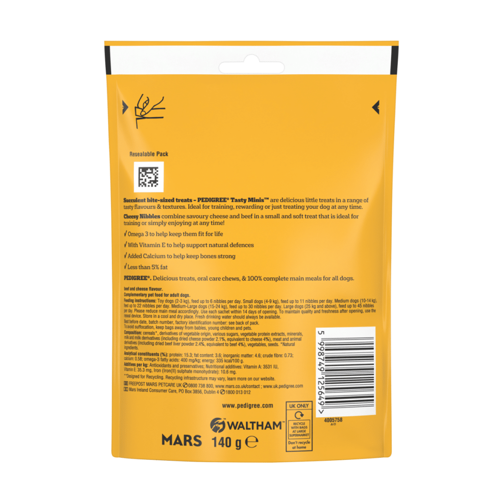 PEDIGREE® TASTY MINIS Adult Dog Treats Cheese & Beef Nibbles 140g