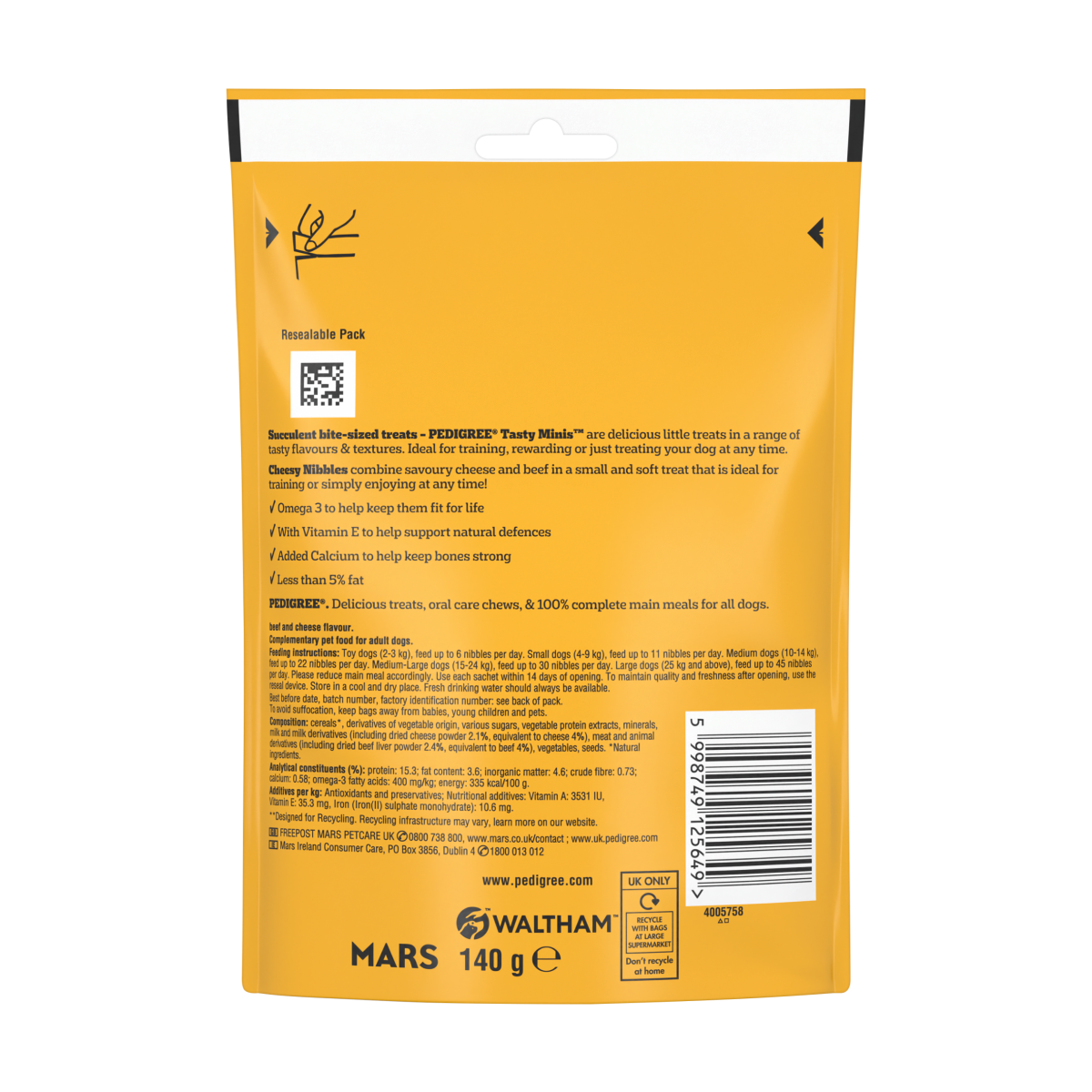 PEDIGREE® TASTY MINIS Adult Dog Treats Cheese & Beef Nibbles 140g